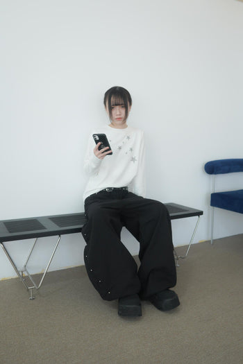 金屬排扣彎刀闊腿牛仔寬褲