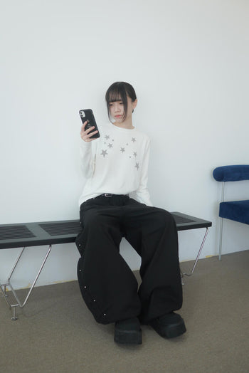 金屬排扣彎刀闊腿牛仔寬褲