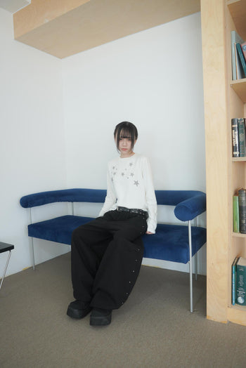 金屬排扣彎刀闊腿牛仔寬褲