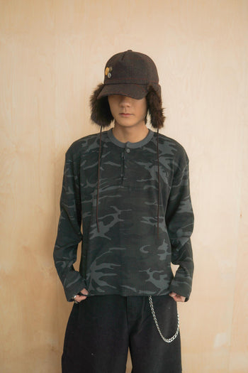 韓國 迷彩 華夫格 短版 亨利領 長袖 上衣