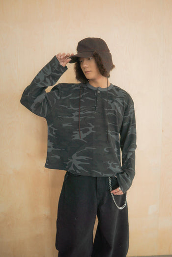 韓國 迷彩 華夫格 短版 亨利領 長袖 上衣