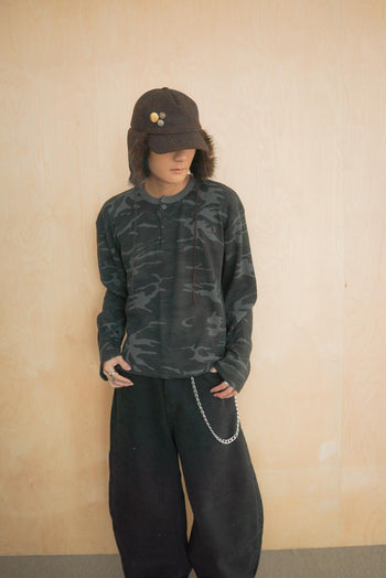 韓國 迷彩 華夫格 短版 亨利領 長袖 上衣