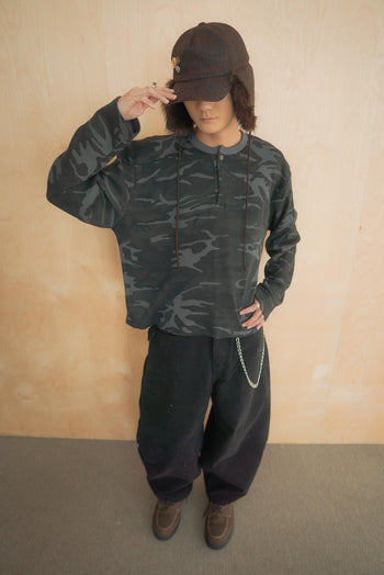 韓國 迷彩 華夫格 短版 亨利領 長袖 上衣