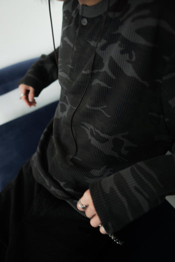 韓國 迷彩 華夫格 短版 亨利領 長袖 上衣