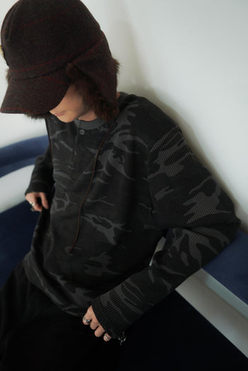 韓國 迷彩 華夫格 短版 亨利領 長袖 上衣