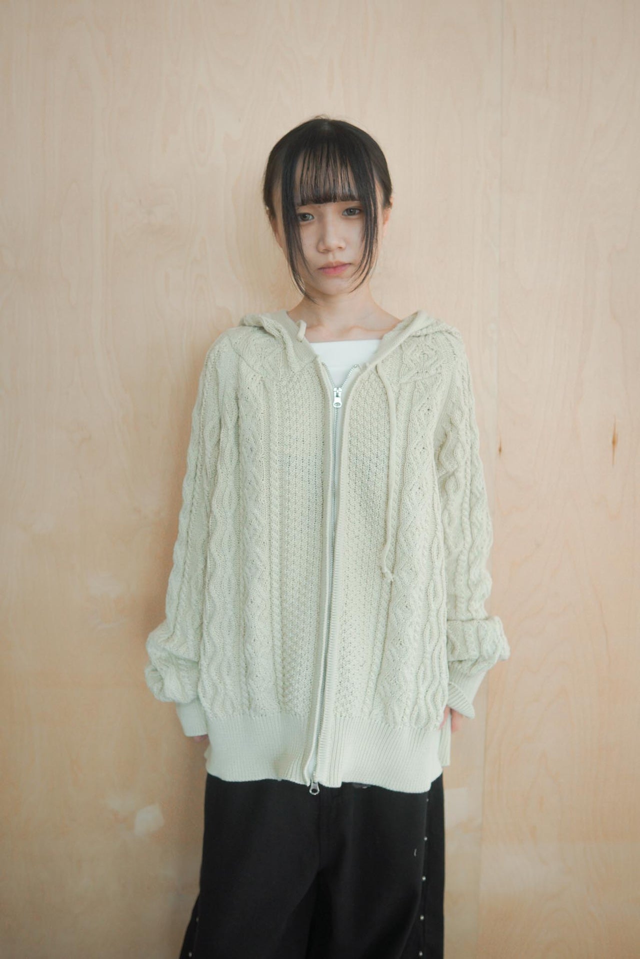 正韓寬鬆麻花暖手連帽針織外套