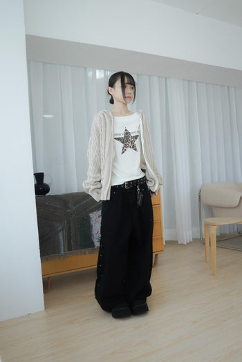 金屬排扣彎刀闊腿牛仔寬褲