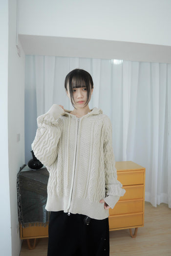 正韓寬鬆麻花暖手連帽針織外套