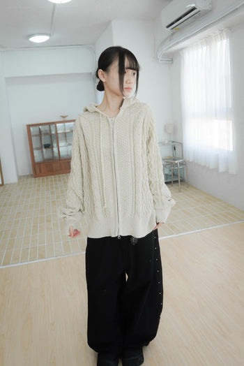 正韓寬鬆麻花暖手連帽針織外套