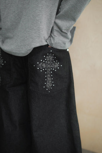 水鑽豹紋十字架寬鬆彎刀牛仔褲