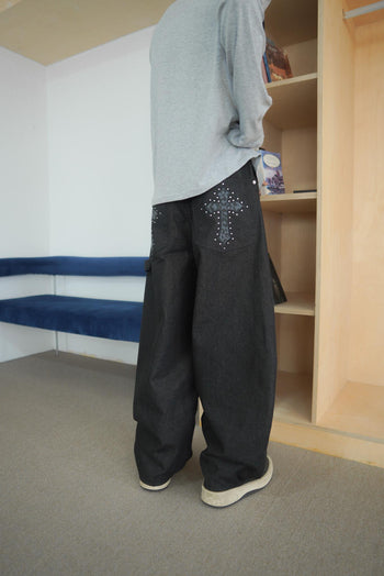 水鑽豹紋十字架寬鬆彎刀牛仔褲