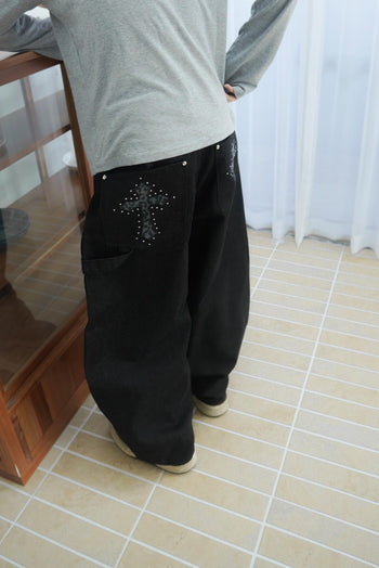 水鑽豹紋十字架寬鬆彎刀牛仔褲