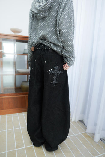 水鑽豹紋十字架寬鬆彎刀牛仔褲