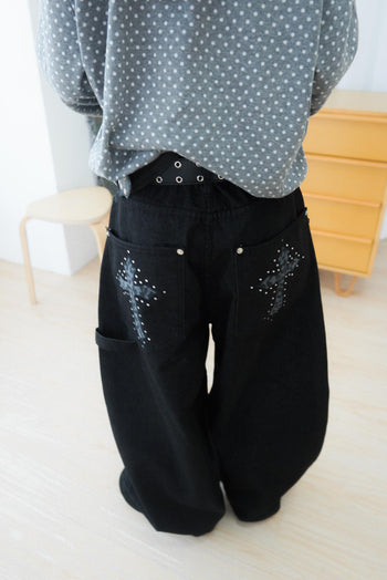 水鑽豹紋十字架寬鬆彎刀牛仔褲