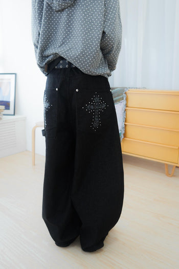 水鑽豹紋十字架寬鬆彎刀牛仔褲