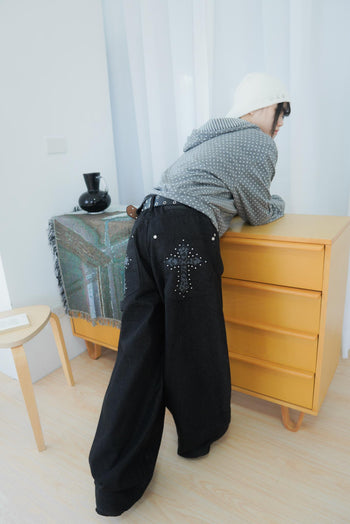 水鑽豹紋十字架寬鬆彎刀牛仔褲