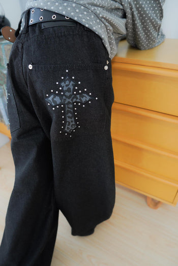 水鑽豹紋十字架寬鬆彎刀牛仔褲