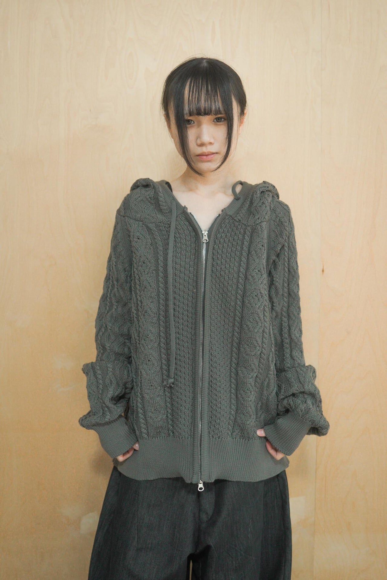 正韓寬鬆麻花暖手連帽針織外套