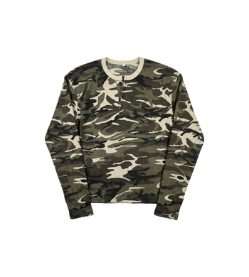 韓國 迷彩 華夫格 短版 亨利領 長袖 上衣