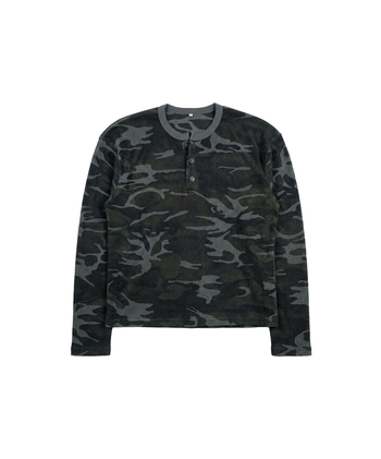 韓國 迷彩 華夫格 短版 亨利領 長袖 上衣