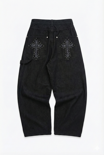 水鑽豹紋十字架寬鬆彎刀牛仔褲