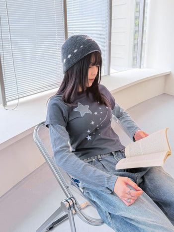 T-S141 正韓假兩件星星條紋長袖