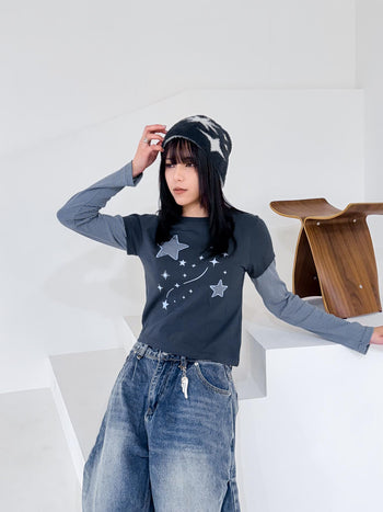T-S141 正韓假兩件星星條紋長袖