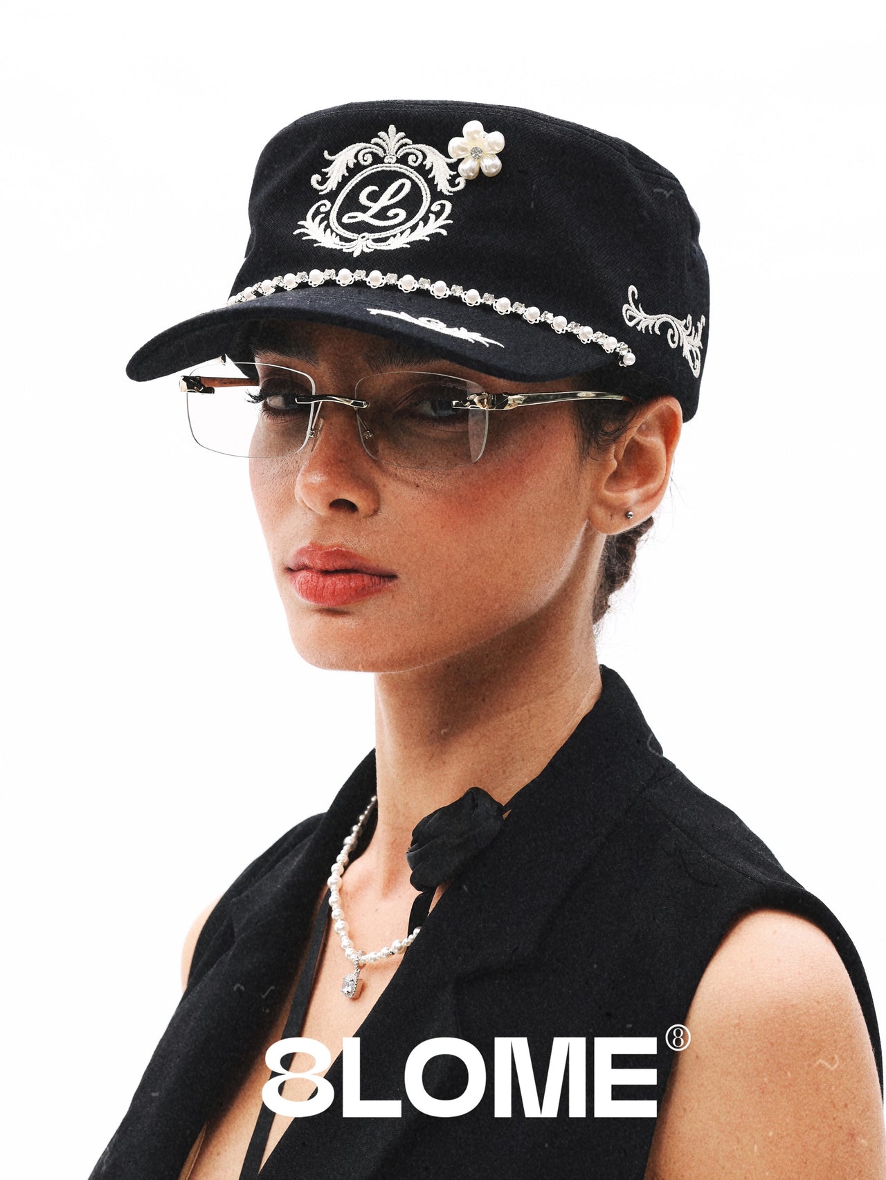 8LOME 平頂復古老錢珍珠刺繡彎簷棒球帽