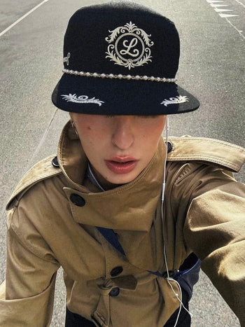 8LOME 平頂復古老錢珍珠刺繡彎簷棒球帽