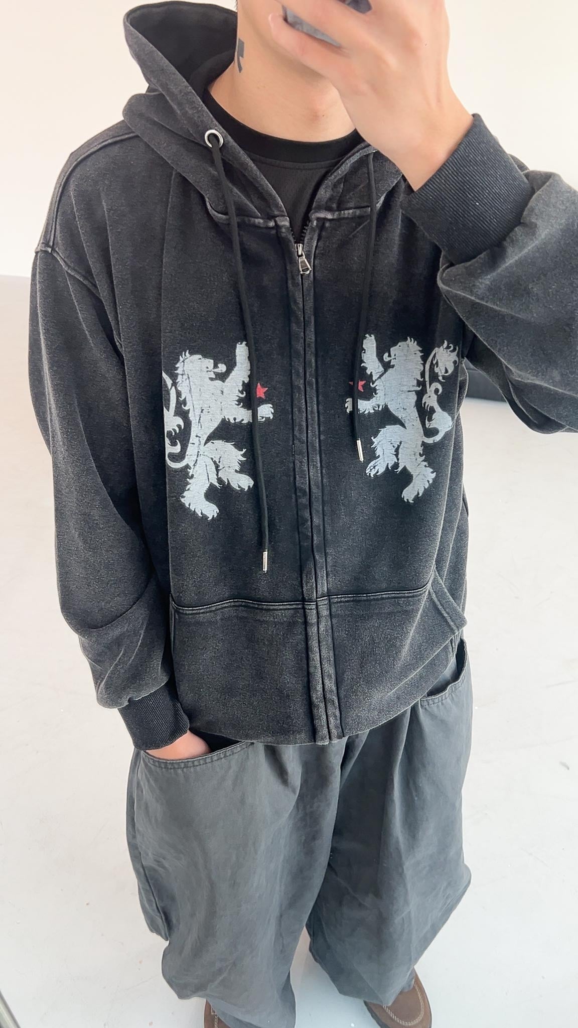 J-G82 寬鬆水洗小眾老虎連帽外套