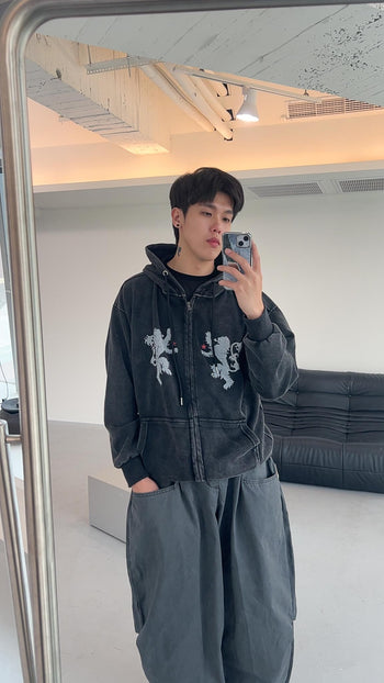 J-G82 寬鬆水洗小眾老虎連帽外套