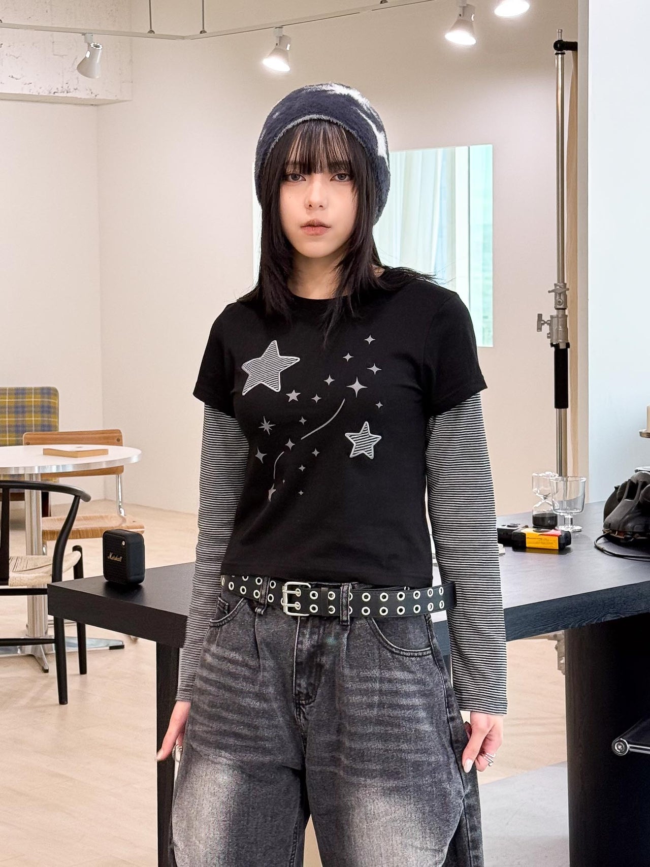 T-S141 正韓假兩件星星條紋長袖