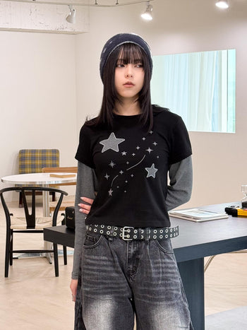 T-S141 正韓假兩件星星條紋長袖