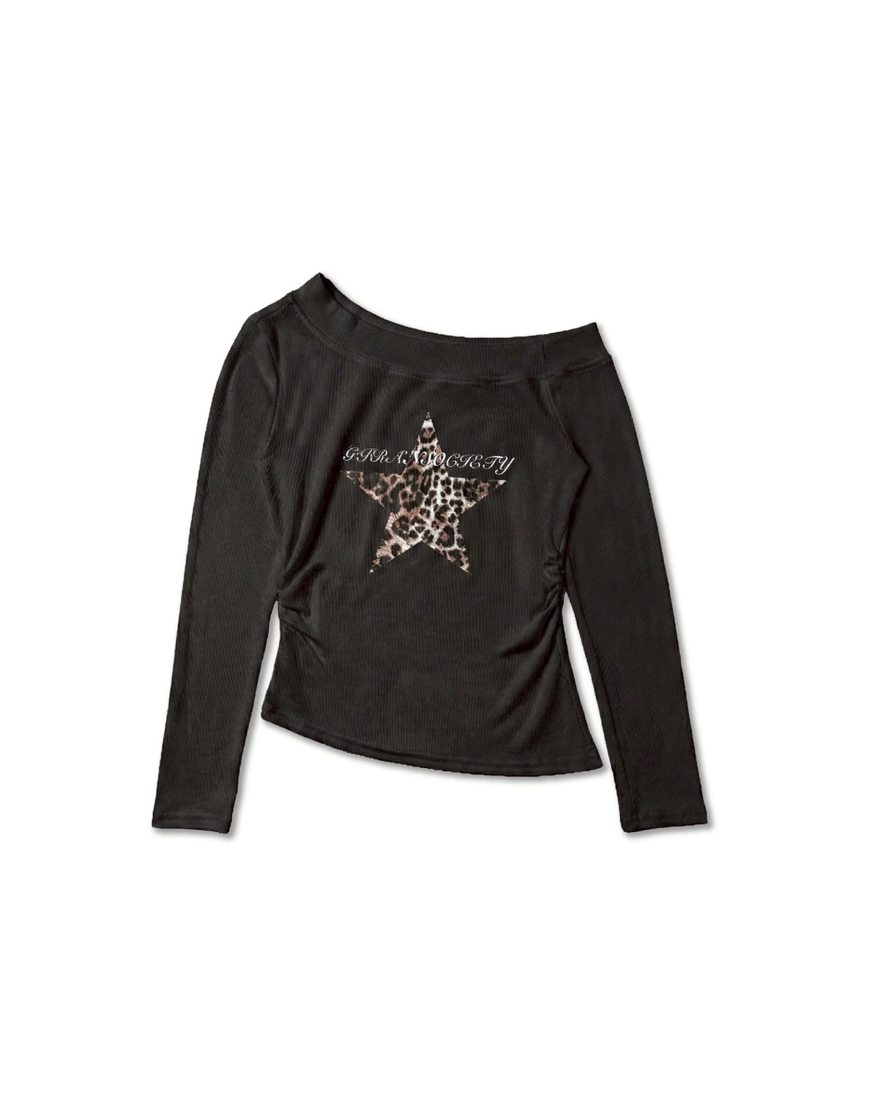 斜肩豹紋星星打底長袖上衣