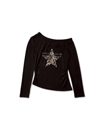 斜肩豹紋星星打底長袖上衣