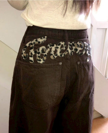 【GUBAN】韓國豹紋字母抓絨寬鬆長褲