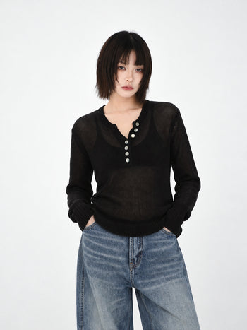 網格薄紗亨利領長袖 T-G1142