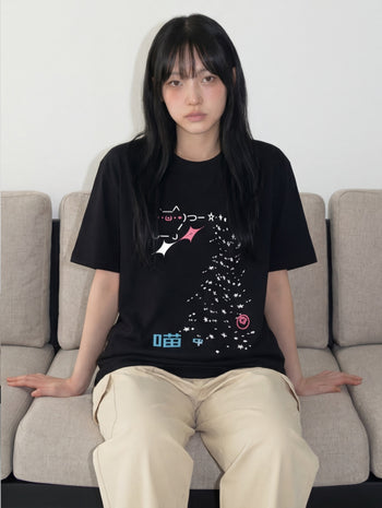 T-C190 顏文字仙女撒星貓 短袖