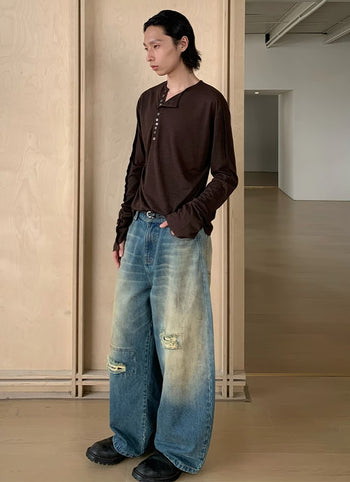 POH P-P117 水洗做舊補丁彎刀牛仔褲