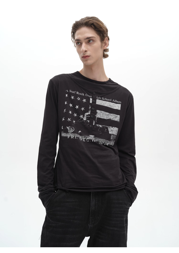 POH T-P154 星旗假兩件亨利領長袖