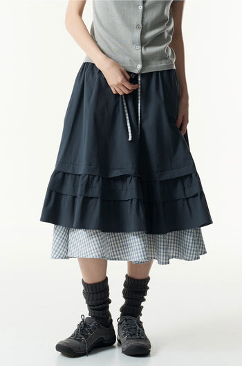 TCM - (w) check pintuck layered skirt (navy) P-C183