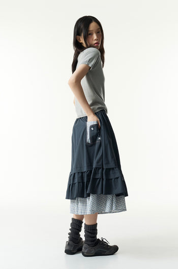 TCM - (w) check pintuck layered skirt (navy) P-C183