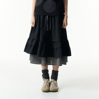 TCM - (w) check pintuck layered skirt (BLACK) P-C183