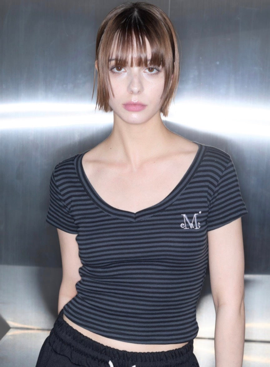 MUCENT - EMMA V-NECK STRIPE HALF T 條紋V領短袖 T-C1008