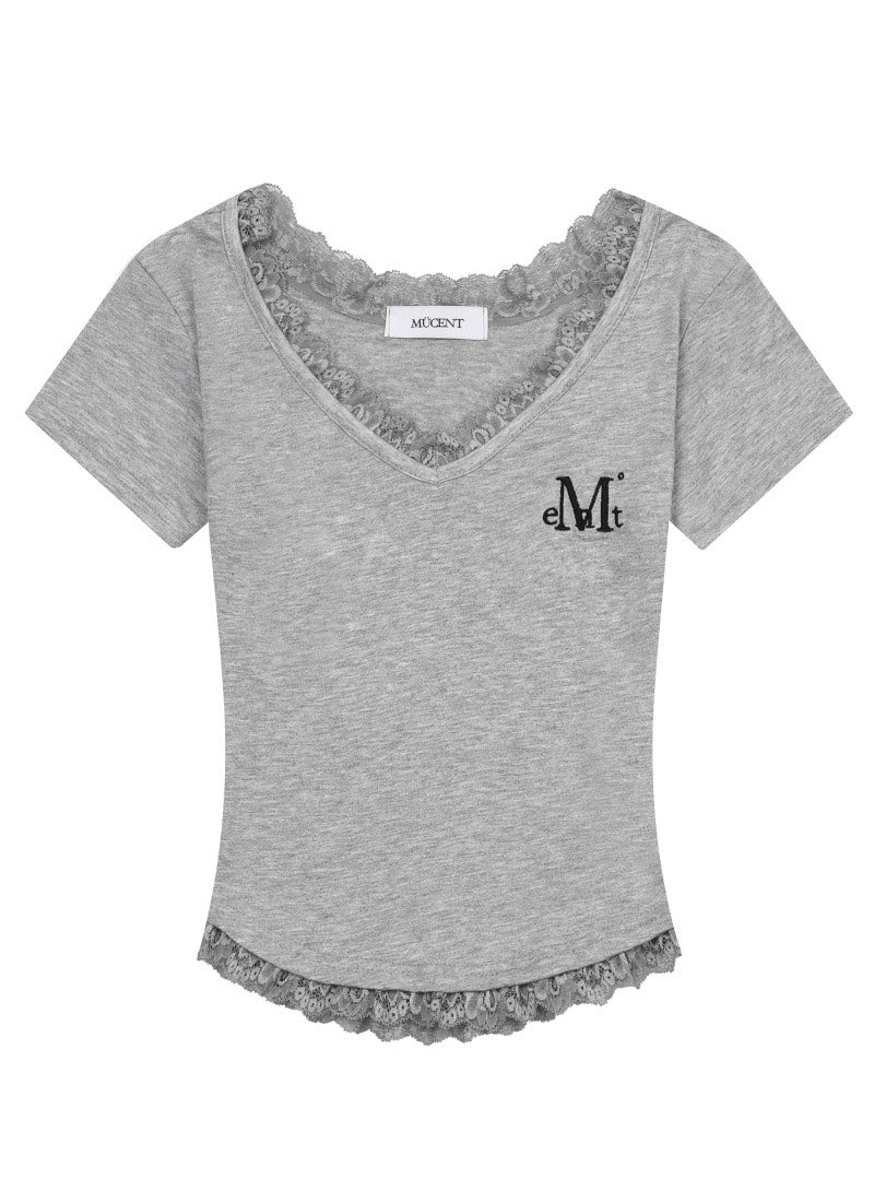 MUCENT - ESUNNIOR LACE V-NECK HALF T 蕾絲V領上衣[灰色] T-E1012