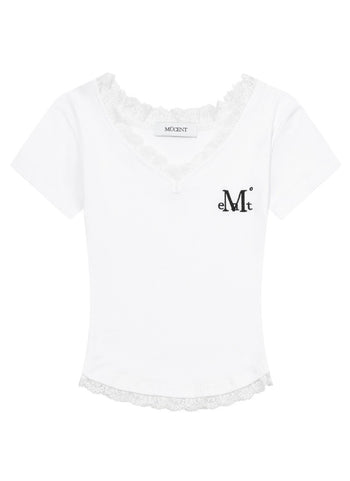 MUCENT - ESUNNIOR LACE V-NECK HALF T 蕾絲V領上衣[白色] T-E1012