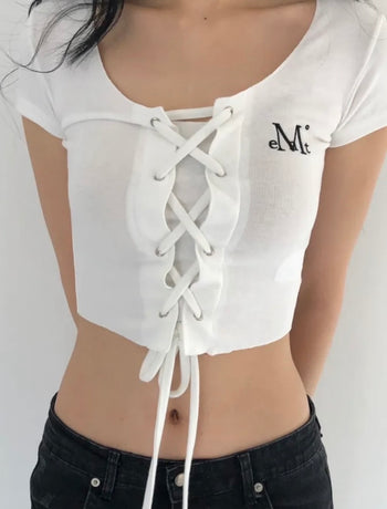MUCENT -LUKE EYELET LACE-UP CORSET HALF T 綁帶上衣 [白色] T-E1013