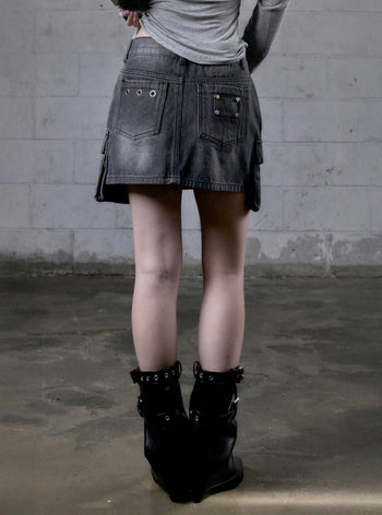 MUCENT - DELVE BACK LEATHER CARGO DENIM SKIRT 牛仔短裙 P-E162