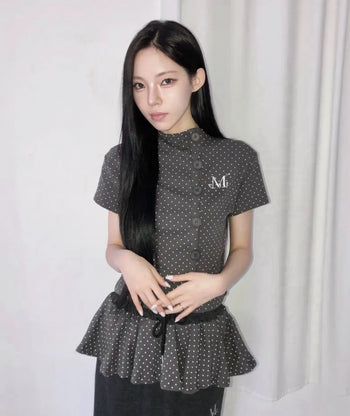 MUCENT - MINUIT BUTTON MINI DOT HALF CARDIGAN  [灰色] 點點高領上衣 T-E1014