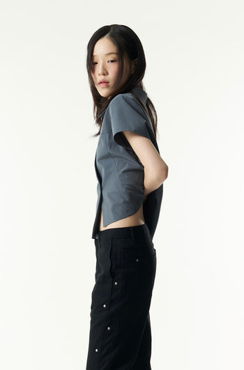 TCM - 3-button stripe half shirt (灰藍色) T-C1025